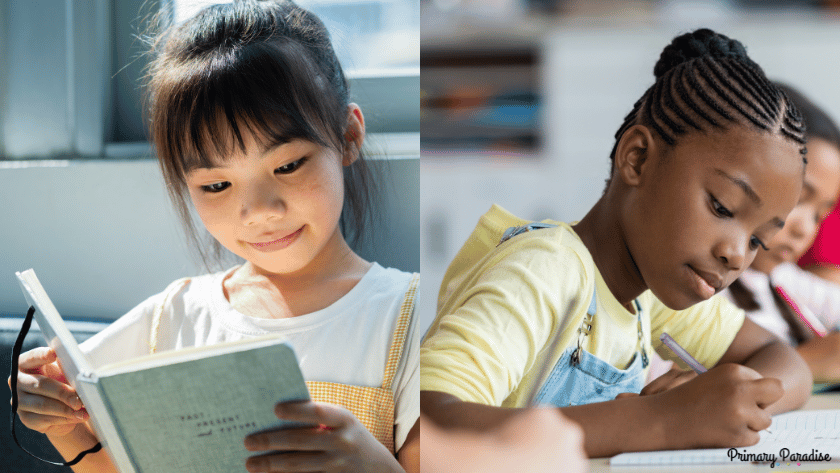 Two children: on the left reading on the right, writing