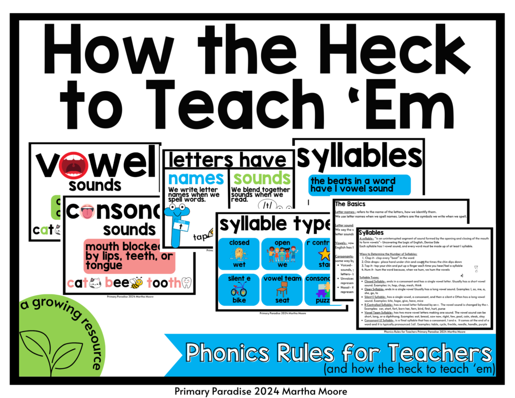 A link to the resource with teacher cheat sheets and student facing visuals for phonics skills