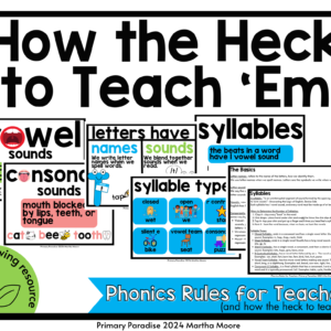 A link to the resource with teacher cheat sheets and student facing visuals for phonics skills