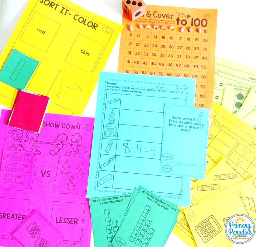 Hands on math centers that your students will love and are cheap and easy to use! You can adapt these same centers for different skills throughout the year which makes them the perfect addition to your kindergarten, first grade, and second grade classroom!
