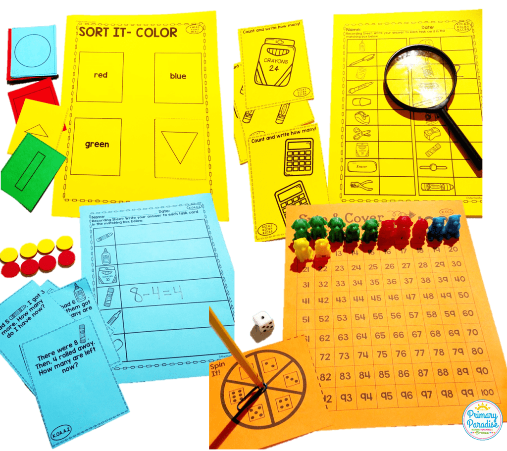 Hands on math centers that your students will love and are cheap and easy to use! You can adapt these same centers for different skills throughout the year which makes them the perfect addition to your kindergarten, first grade, and second grade classroom!