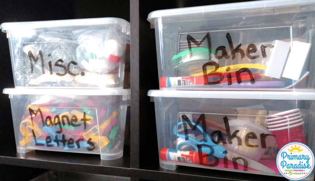 Looking for the perfect storage bins for manipulatives and other classroom supplies? These bins with lids from oriental trading are the perfect choice! Plus, learn how to use them for a portable maker space for early finishers.