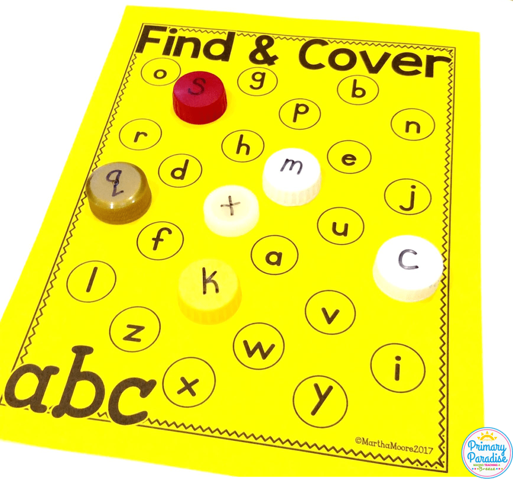 Reuse dried up glue caps or bottle caps to play this free find and cover game with editable versions included