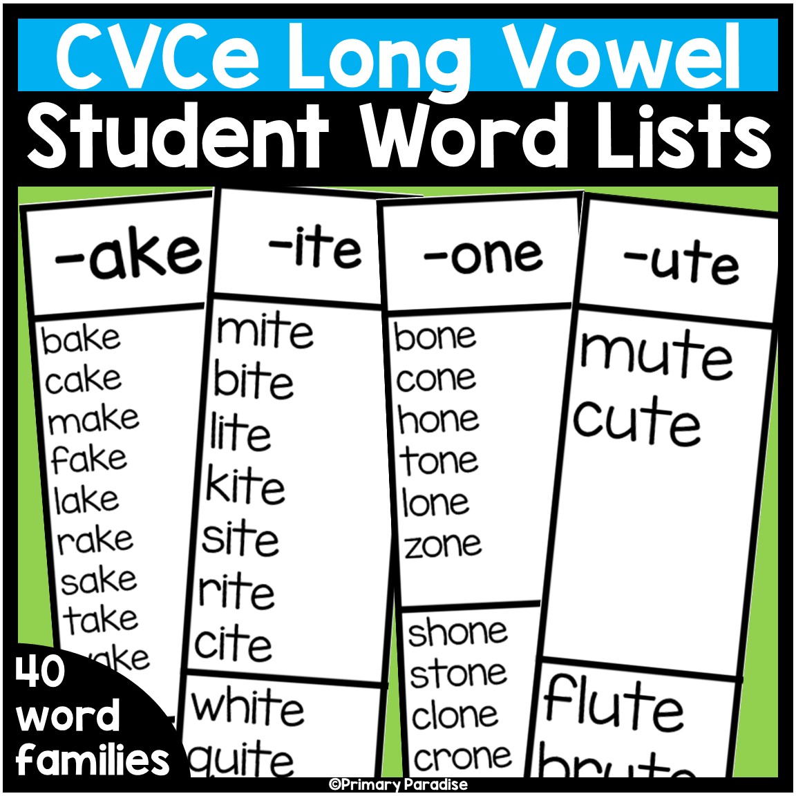 CVCe Word Lists for Students Printable Long Vowel Word Families