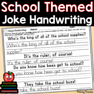 School themed joke handwriting with a an example sheet with jokes and students lines to write.