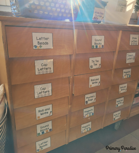 An image of a chest of drawers with small drawers. Each drawer is labeled with the name of a center.