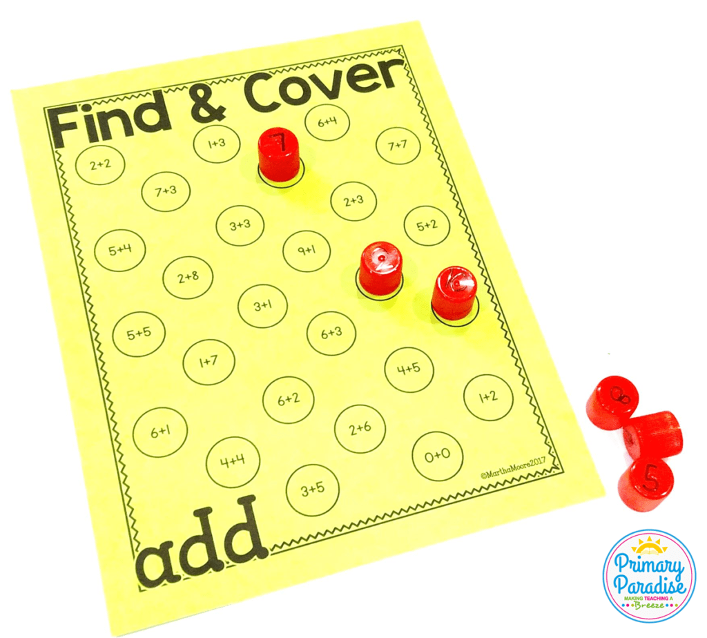 Reuse dried up glue caps or bottle caps to play this free find and cover game with editable versions included
