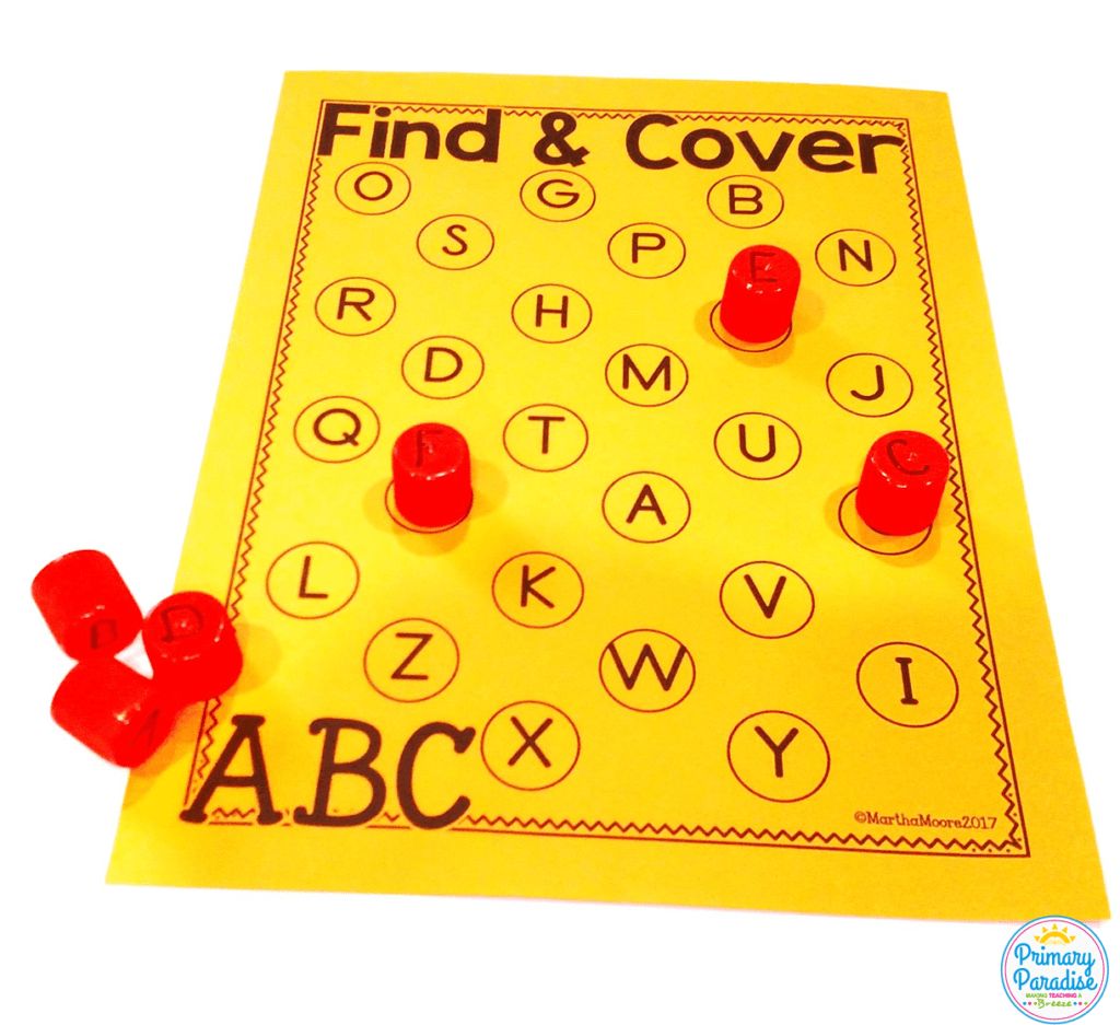 Reuse dried up glue caps or bottle caps to play this free find and cover game with editable versions included