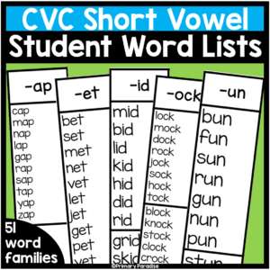 CVC short vowel student word lists with a picture of the lists underneath