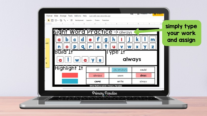 An image of a laptop with a sight word activity displayed for the word "always"