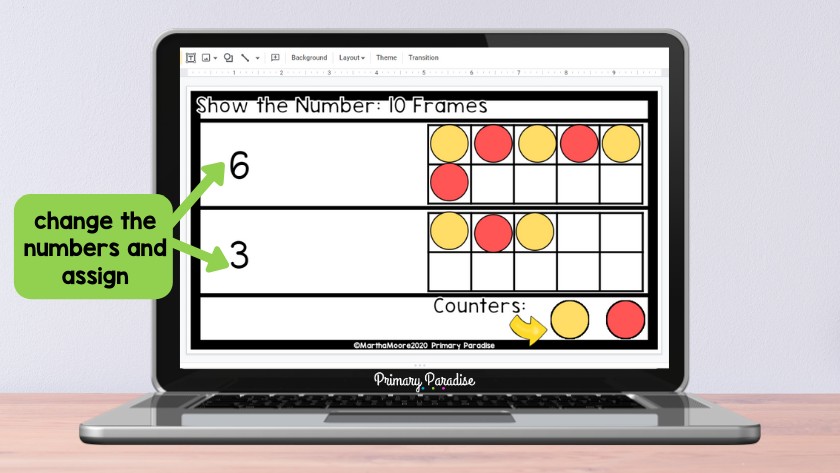 An image of a laptop with a "show the number 10 frame" activity on the screen.