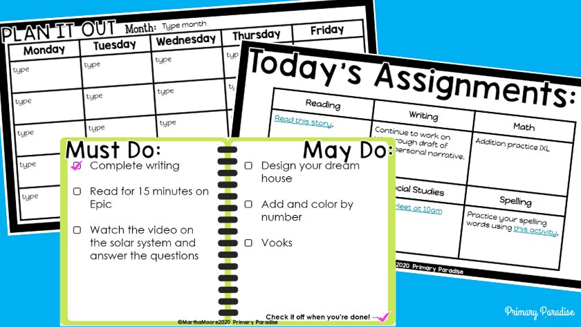 A collage of the templates. One says "plan it out" and is a blank lesson plan. One says "today's assignments" and one says "must do and may do" with tasks under each column.