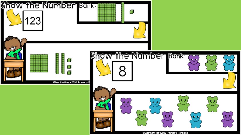 Two show the number activities. One show the number 123 with base ten blocks and the other shows the number 8 with counting bears in purple, green, and blue.