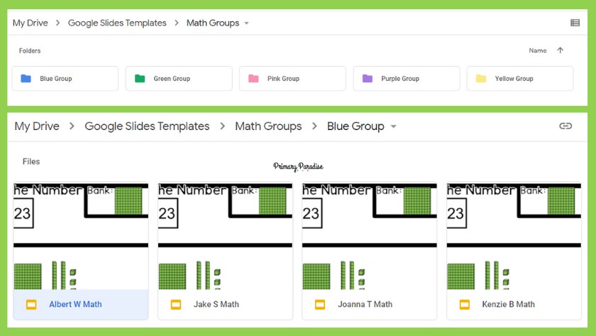 A folder in google drive labeled "blue group" with a slide for building the number for 4 different students.