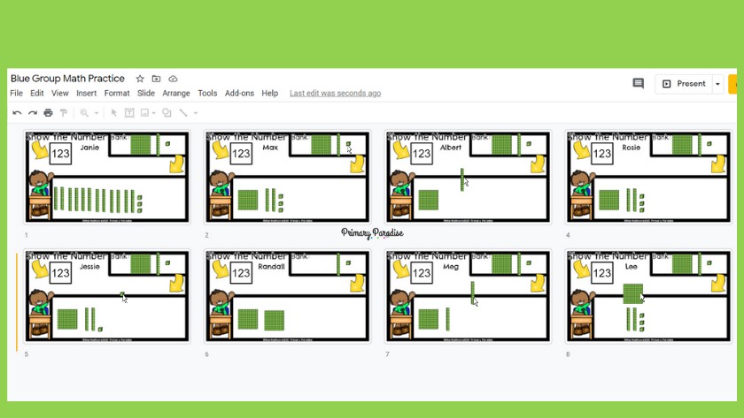 A slideshow called "Blue Group Math Practice" opened to grid view with students working on a show the number activity.