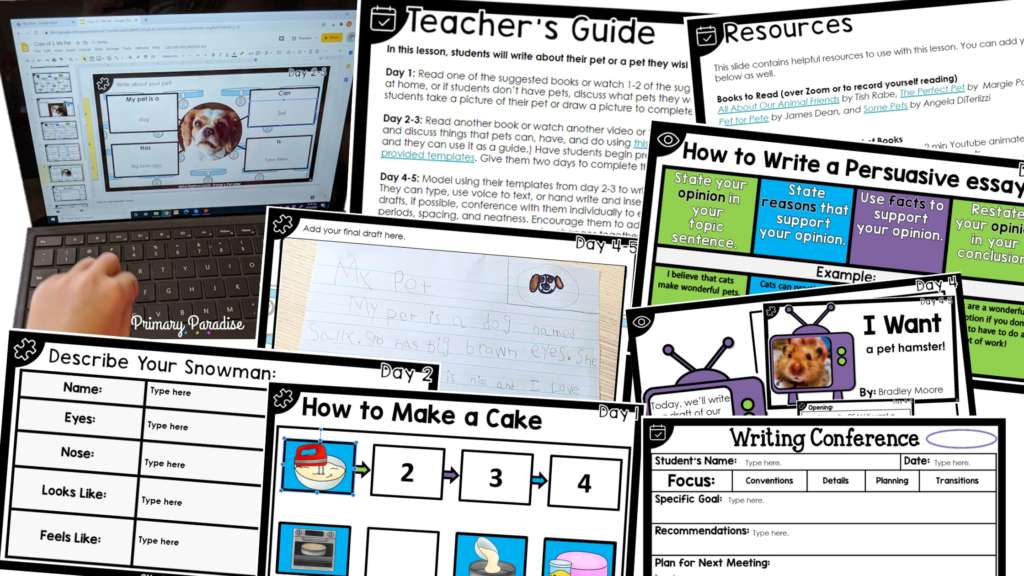 A collage of slides from the digital writing curriculum including a student typing in a planning web, a teachers guide, a resources list, various learning posters, a conferencing sheet, and a make a cake activity