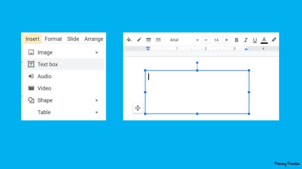 an image of a google slides "insert" toolbar with text box highlighted. to the right is an empty text box.