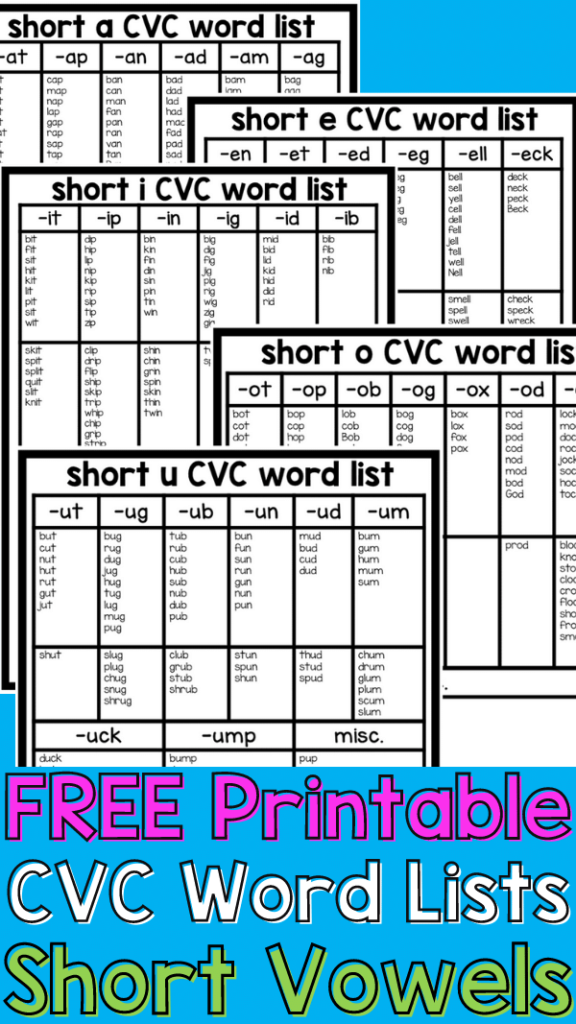 a collage of printables titled short CVC word lists. Underneath test reads "free printable CVC word lists short vowels"