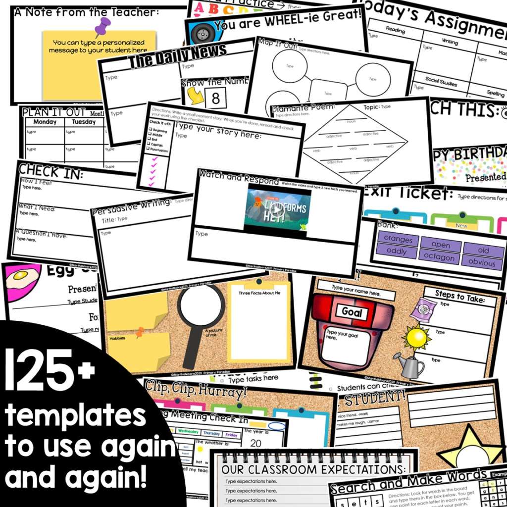 A collage of Google Slide templates with the text "125+ templates to use again and again.