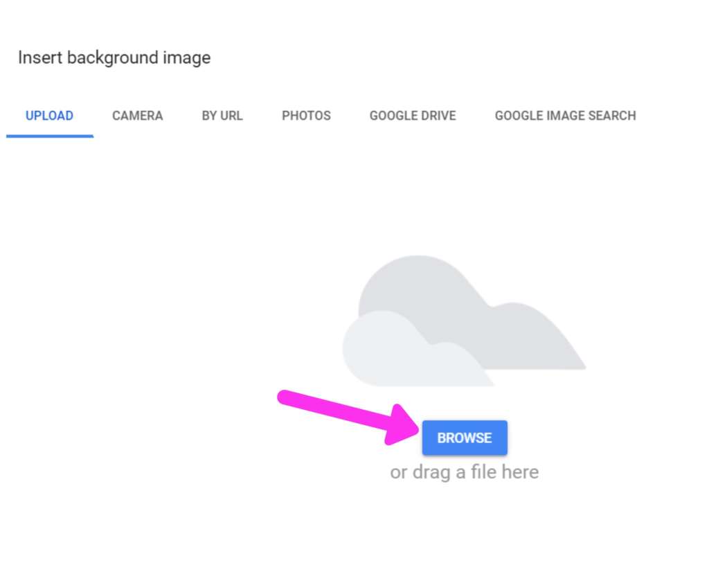 Image of the "insert background image" box on Google Slides. An arrow is point to the "browse" button.