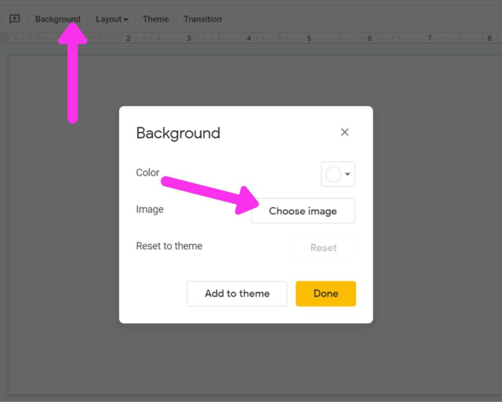 An image of the background pop up box on Google slides. the arrow is pointing to "choose image".