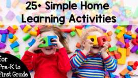 Two little kids, a boy and girl, holding blocks over their eyes text "25 plus simple home learning activities for prek to first grade