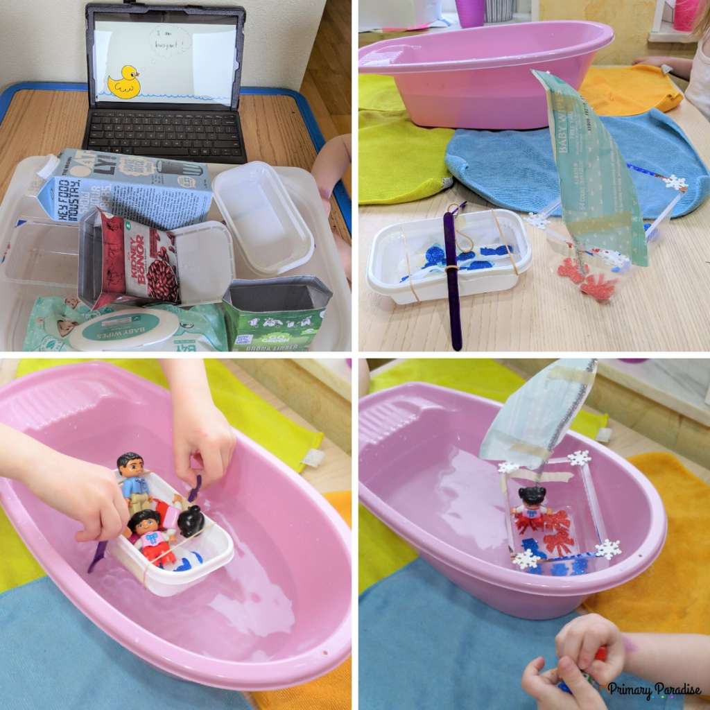 collage: picture 1: a tablet playing a video on buoyancy with a bin full of recycling, 2 boats made out of recycled materials, picutres 3 and 4 are the boats floating in a bin of water 
