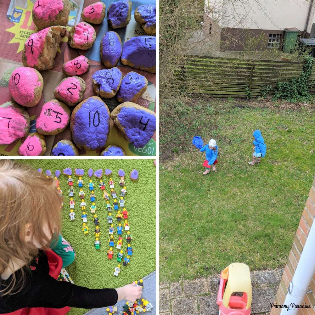 collage: top left- rocks painted pink and purple: both sets numbered 1-10, right image: girls in back yard hunting for rocks, bottom left: rocks lined up 1-10 with a little girl showing each number with lego people