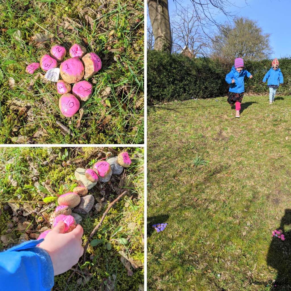 collage- top left: pink rocks in a pile in grass. they're numbered 1-10, bottom left: little girl stacking rocks on grass, right- two girls running down a hill with rocks at the bottom