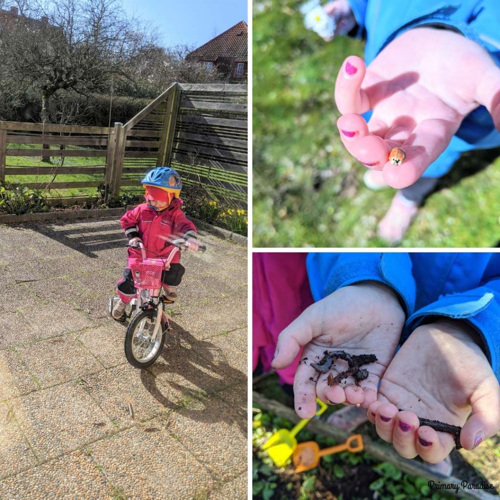 collage: left: little girl on a bike, top right girl with a lady bug, bottom right little girl holding worms