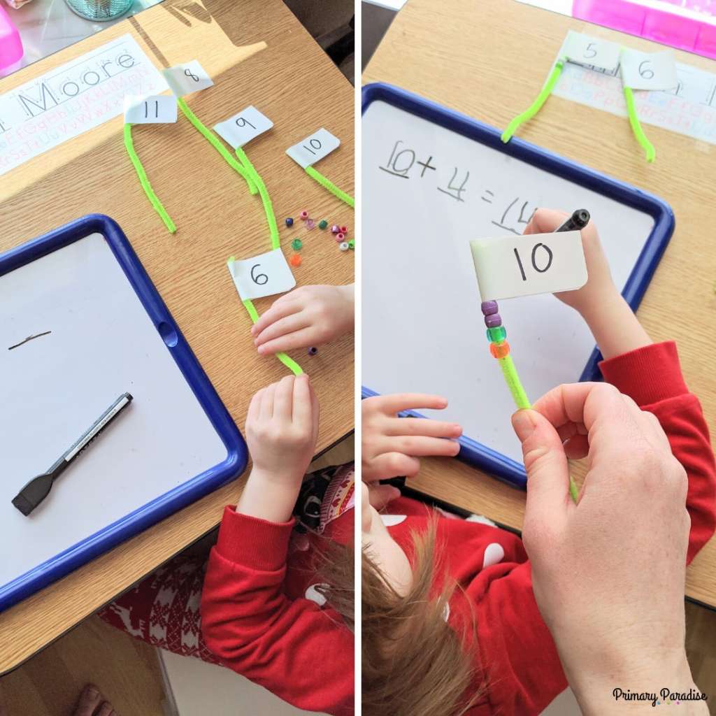 little girl slides beads on a pipe cleaner with the number 6 on top (left) (right) a pipe cleaner with the number 10 on top and 4 beads on it