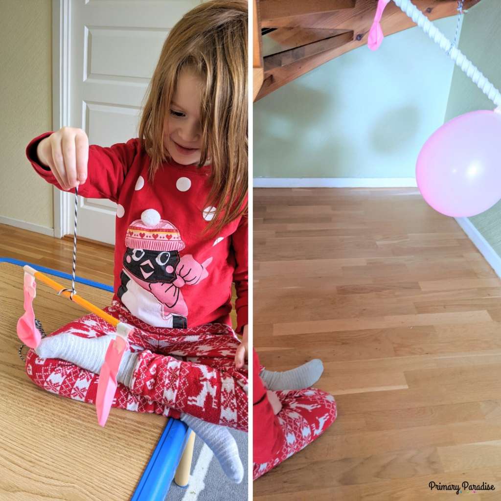 girl holding a string with a pencil attached: 2 deflated balloons are on the ends, right: deflated balloon and inflated balloon hanging on a bar, the inflated balloon is lower