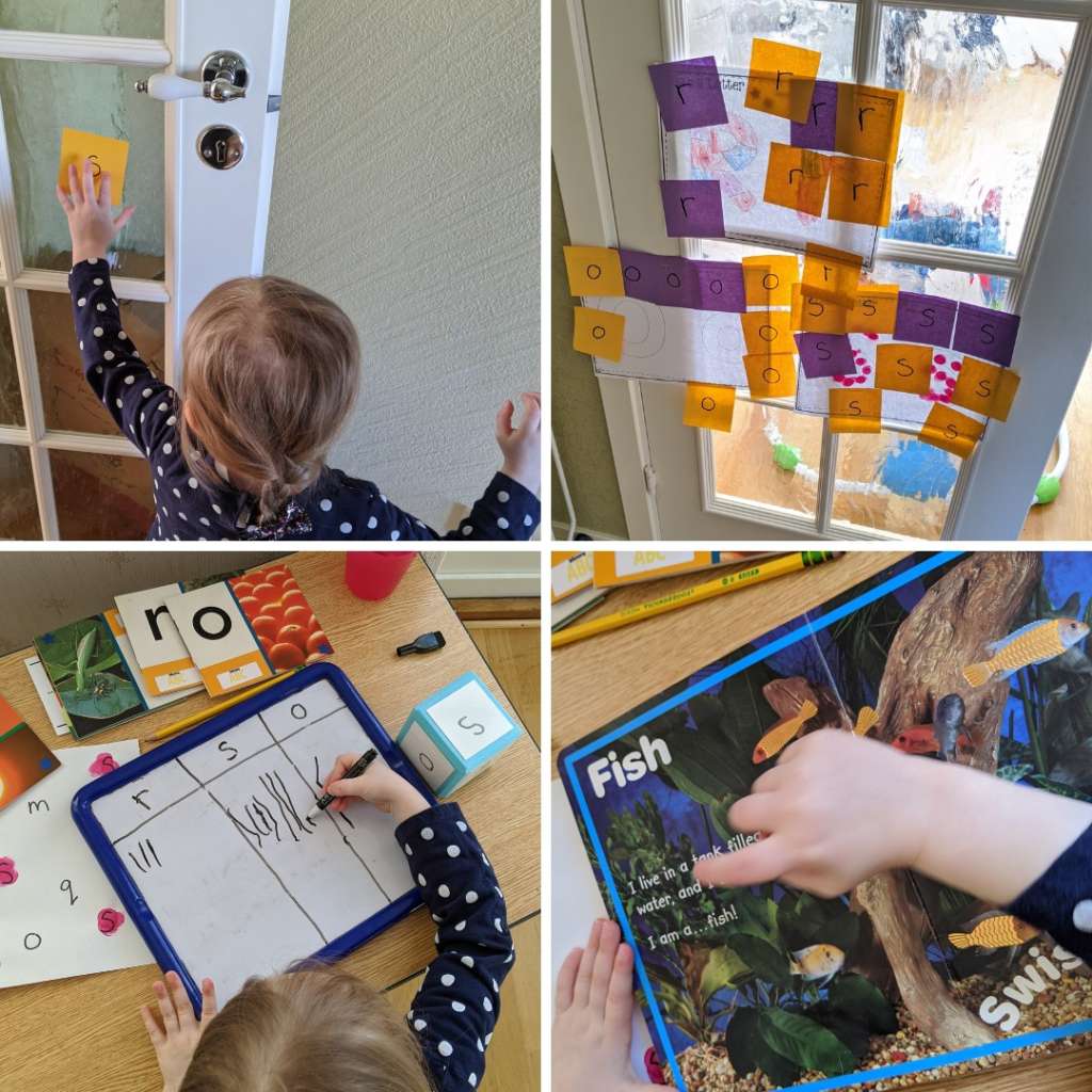 little girl hunting for sticky notes with letters on them and then sorting them on posters, she is also rolling and tallying the letters and then pointing to the letters in books