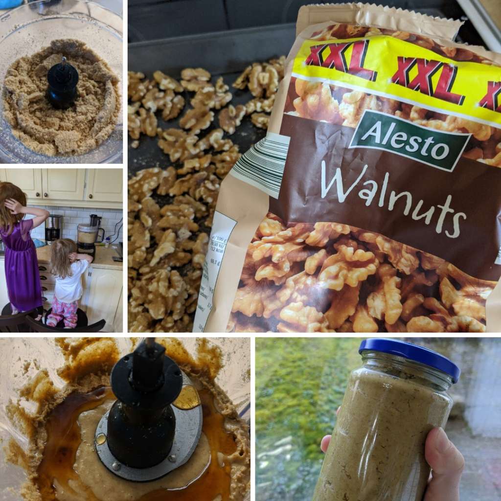 collage of walnuts and walnut butter in the food processor