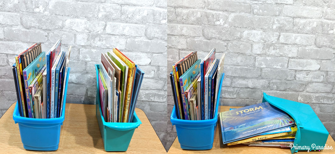 Book bins that hold a ton of books and don't fall over? Steps to literacy book boxes are the perfect classroom organizational tool!