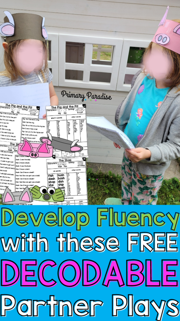 A picture of 2 children reading a partner play. They have paper heads of a pig and goat on their heads and are happy. The text reads "develop fluency with these free decodable partner plays"