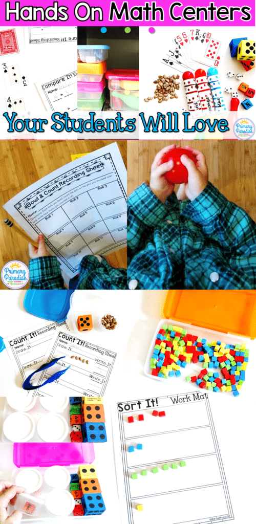 Hands on math centers that your students will love and are cheap and easy to use! You can adapt these same centers for different skills throughout the year which makes them the perfect addition to your kindergarten, first grade, and second grade classroom!