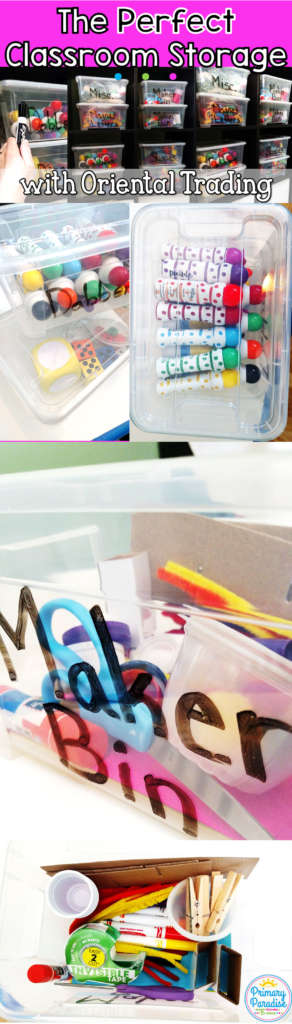 Looking for the perfect storage bins for manipulatives and other classroom supplies? These bins with lids from oriental trading are the perfect choice! Plus, learn how to use them for a portable maker space for early finishers.