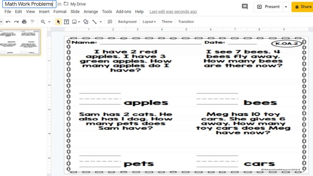 Image of a worksheet with word problems in Google Slides. It is squished and hard to read.