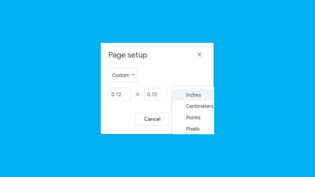 Am image of the page set up menu on Google slides showing the options for inches, centimeters, points, and pixels
