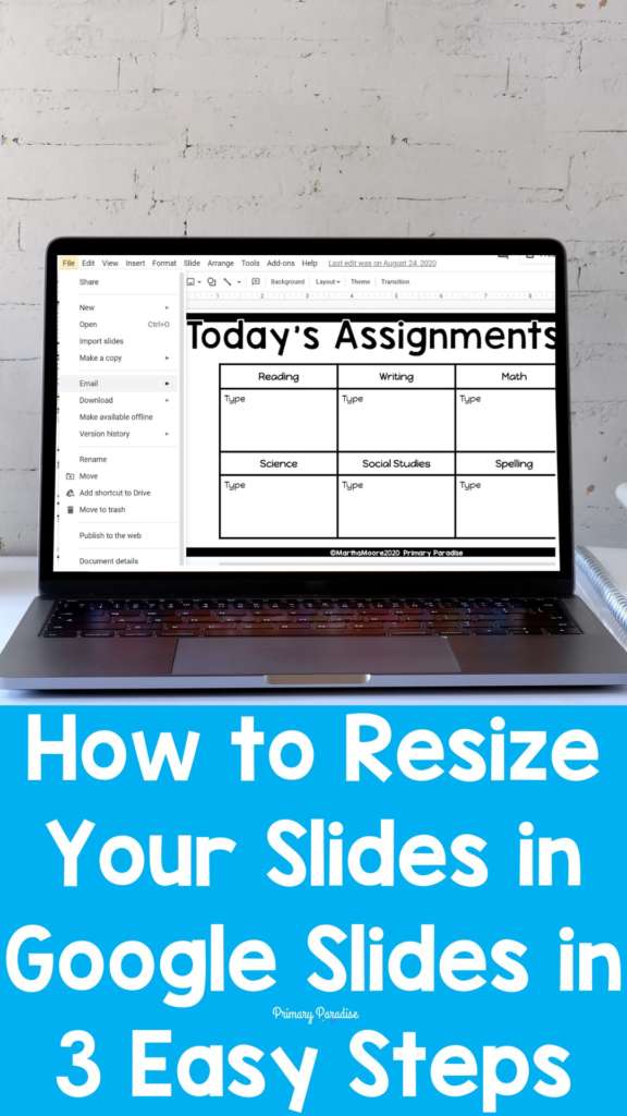A laptop opened to Google Slides with the text "How to resize your slides in Google Slides in 3 Easy Steps